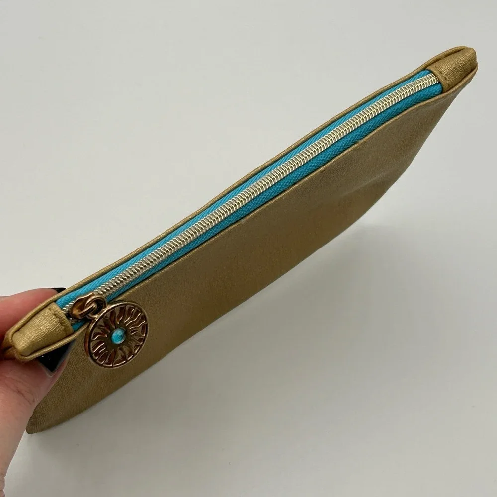 IPSY Stay Golden Cosmetic Makeup Pouch Gold Turquoise Sun Zipper Charm Travel